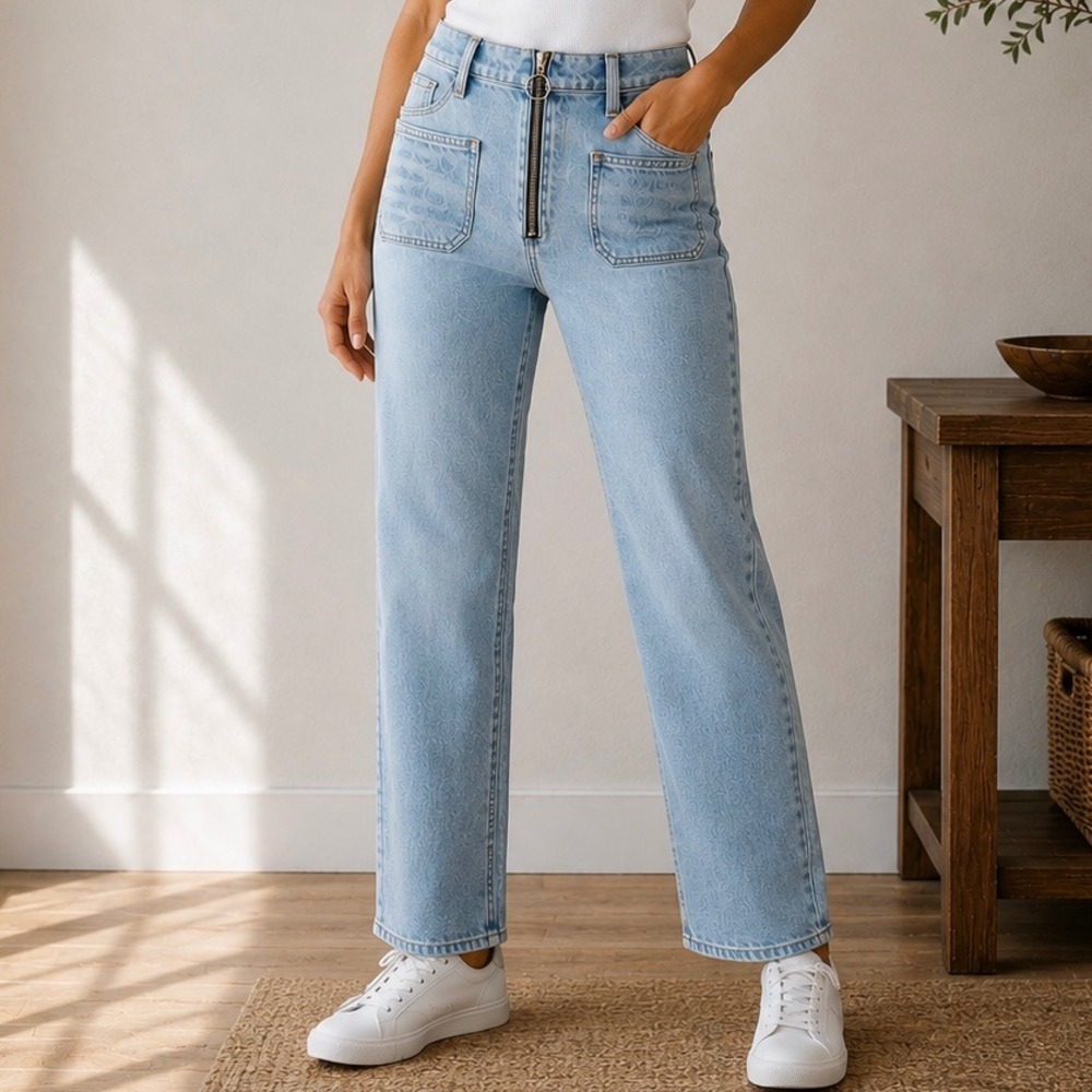 Denim Forum Aritzia Light Wash Straight Leg Jeans Exposed Zipper Front Blue 26